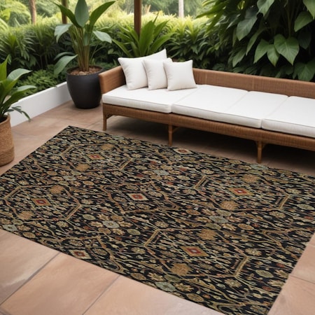 Homeroots 9' X 12' Black Brown And Red Floral Washable Indoor Outdoor Area Rug 604581