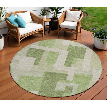 Homeroots 8' Green Sage And Beige Round Geometric Washable Indoor Outdoor Area Rug 613207