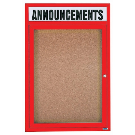 Aarco Enclosed Natural Pebble Grain Cork Bulletin Board w/ Header Red Powder Coated Al Frame, 48''Hx36''W DCC4836RHR