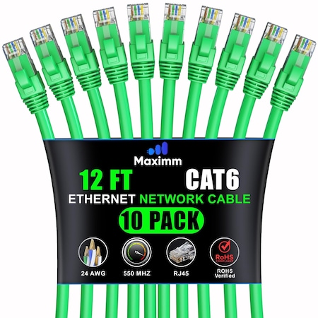 Maximm Cat6 Ethernet Cable 12ft 10Gbps 550MHz UTP, 10PK, Green, 10PK CAT6CCA-12GN-10PK