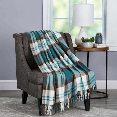 Lavish Home Soft Throw Blanket Oversized, Vintage-Look, and Cashmere-Like Woven Acrylic Throw, Teal/Brown Plaid 66-THROW018