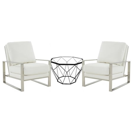Leisuremod Jefferson Leather Armchair with Silver Frame and Octagon Coffee Table with Geometric Base, White JAS29MD23W2-L
