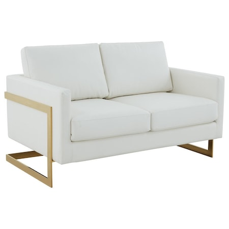 Leisuremod Lincoln Upholstered Leather Loveseat with Gold Frame, White LA55W-L