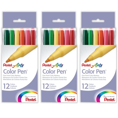 Pentel Color Pen, 12 Colors Per Set, 3PK S360-12