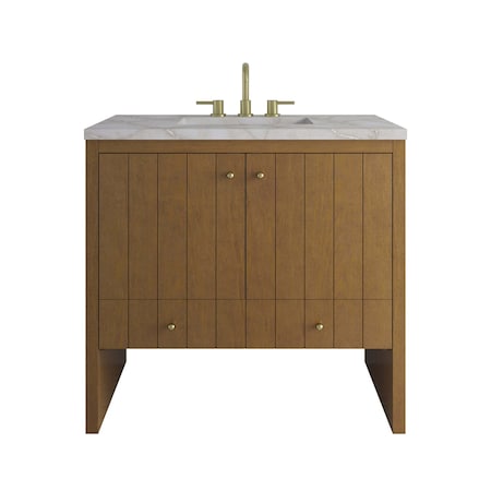 James Martin Vanities Hudson 36" Single Vanity, Honey Oak w/ 3 CM Victorian Silver Silestone Top 435-V36-HNO-3VSL