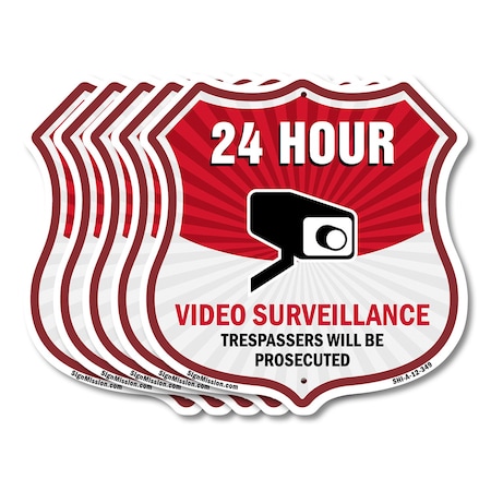 Signmission 24 Hour Surveillance Shield Sign Video S, 12 inch X 12 inch, Aluminum Metal Sign, 5PK SHI-A-5Pack-12-348