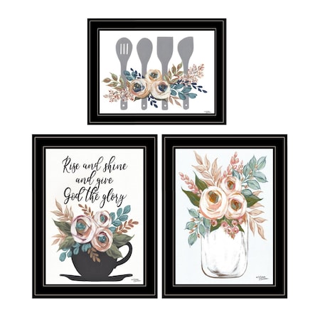 Set Of Three Rise and Shine Kitchen Black Framed Print Kitchen Wall Art, 3PK