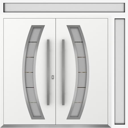 Vdomdoors Metal Double Doors Deux 6500 White Enamel Frosted Glass 1 Sidelight and Top Transom Entry Modern Pa DEUX6500DEXD-BEM-W72+16xH80+14-RH-I