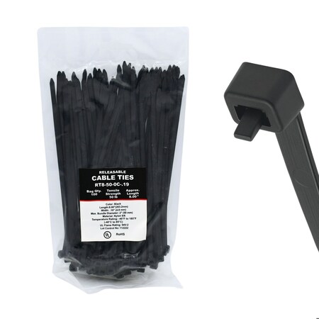 Cable Ties Unlimited Pawl Releasable Cable Tie, 8 in L, 50 lb Strength, 2.2 in Max Bundle Dia, Nylon, UV-Res, Blk, 100PK RT8-50-0C-.19