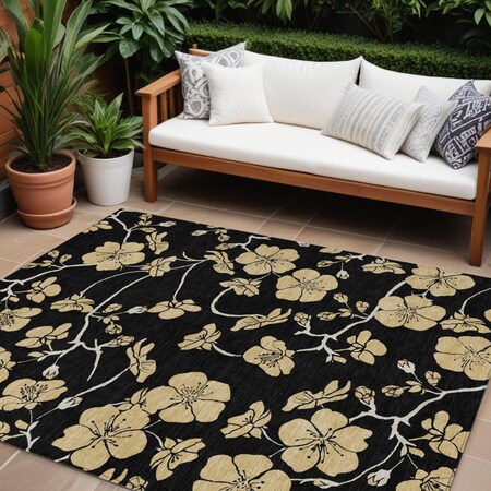 Homeroots 9' X 12' Black And Gold Floral Washable Indoor Outdoor Area Rug 599998