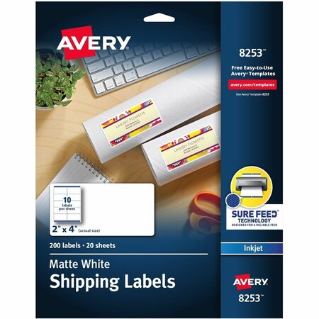 Avery Dennison Avery, VIBRANT INKJET COLOR-PRINT LABELS W/ SURE FEED, 2 X 4, MATTE WHITE, 200PK 8253
