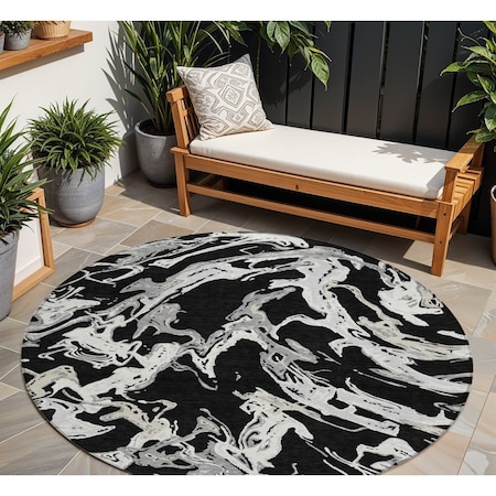 Homeroots 8' Black And Gray Round Abstract Washable Indoor Outdoor Area Rug 600068
