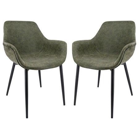 Leisuremod Markley Modern Leather Dining Arm Chair with Metal Legs, Olive Green, 2PK EC26G2