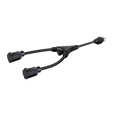 Monoprice Molded Y-Splice Extension Cord Adapter, 16 AWG, Indoor, 16/3, 1 Outlets, 5-15R, Black, 5-15P 35140