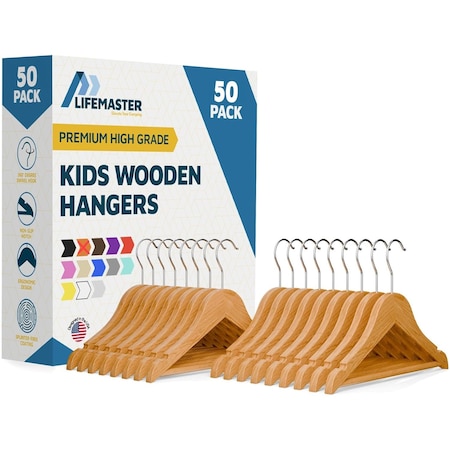 Lifemaster Natural Wooden Kids Hangers 50 Pack, 11.8" Maple Wood with Swivel Hook, Bar & Notches LMWBBH50NT