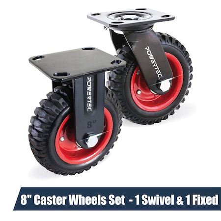 Powertec 8" Caster Wheels (1 Swivel & 1 Fixed), Heavy-Duty Industrial Plate Casters with Rubber Knobby Tread 17057