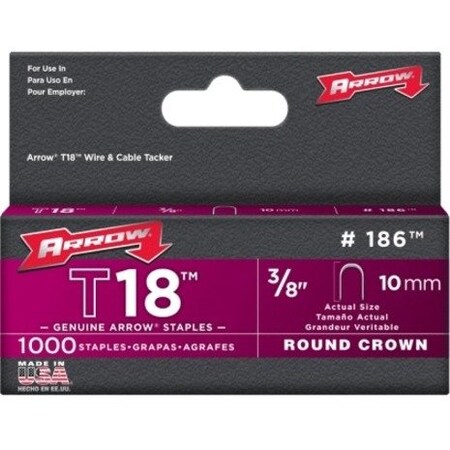Arrow Fastener Heavy Duty Staples, 18 ga, Round Crown, 3/8 in Leg L, Steel 186