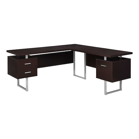 Homeroots 71" Brown and Silver L Shape Computer Desk With Three Drawers 333470