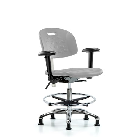 Blue Ridge Ergonomics CL100CleanRoom Chair-Medium Bench Height with Adj Arms, Chrome Foot Ring, & Stat Glides in Gray Poly CLR-HPMBCH-CR-T0-A1-CF-RG-GRY