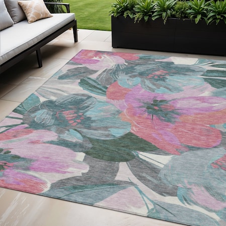 Homeroots 5' X 8' Teal Blue And Aqua Floral Washable Indoor Outdoor Area Rug 611097