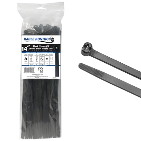Kable Kontrol Metal Pawl Cable Ties, 14 in L, 4.07 in Max Bundle Dia., Black, Nylon 6-6 + Stainless Steel, 100 PK ctmp-14-120-100-bk