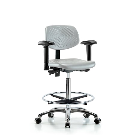 Blue Ridge Ergonomics Poly Chair Chr-High Bench Ht with Seat Tilt, Adjustable Arms, Chr Foot Ring, &Casters in Gray Poly PHBCH-CR-T1-A1-CF-CC-GRY