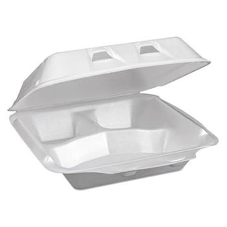 Pactiv 3-Compartment Foam Hinged Lid Containers, White - Small - 150 Per Carton, 150PK PCTYHLW0703