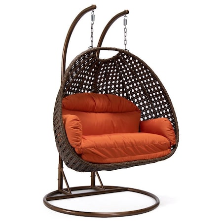 Leisuremod Mendoza Dark Brown Wicker Hanging 2 person Egg Swing Chair with Orange Cushions MSCDBR-53OR