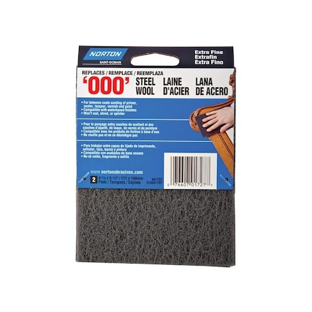 Norton Co Steel Wool, 4-3/8 in L, 5-1/2 in W, #000 Grit, Extra Fine, Gray, 2PK 01727