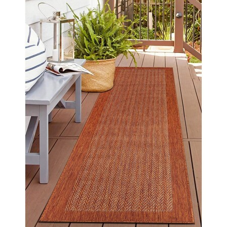 World Rug Gallery Contemporary Bordered Weather Resistant Reversible Indoor/Outdoor Rug 2 ft x 7 ft Rust WR111RUST2X7