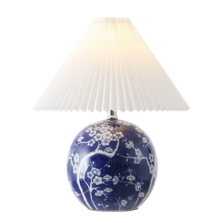 Jonathan Y Shishen 19.5" Cottage Classic Chinoiserie Ceramic Orb LED Table Lamp with Pleated Shade, Navy/White JYL5056C