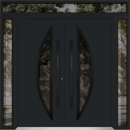 Vdomdoors Metal Double Doors Deux 6501 Black Enamel Opaque Black Glass 2 Sidelights and Top Transom Entry Mod DEUX6501DEXD-BLK-W12+72+12xH80+12-LH-I