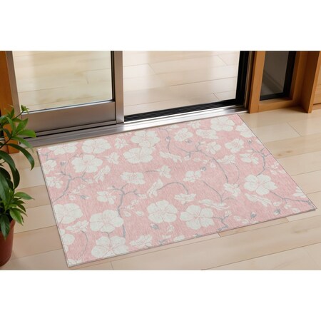 Homeroots 3' X 5' Pink Ivory And Gray Floral Washable Indoor Outdoor Area Rug 599904