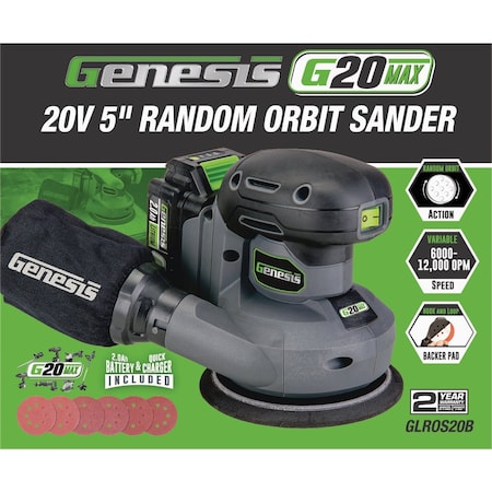 Genesis 20V 5'' Cordless Random Orbit Sander Kit with 2.0 Ah Battery & Charger GLROS20B