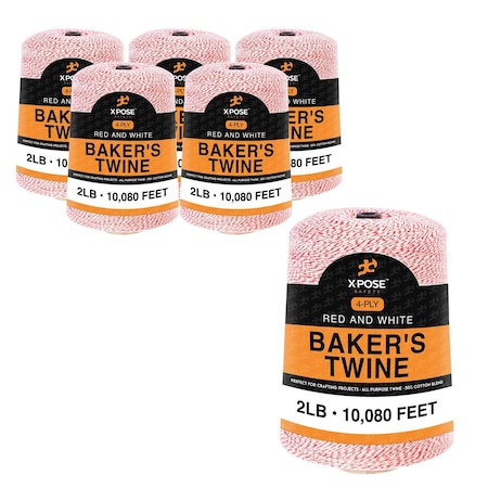Xpose Safety Baker’s Twine, 2 lb Cone, 4-Ply Red/White, 10,080 ft, Cotton/Poly, 6PK BT4-RW-1080-6-X-S
