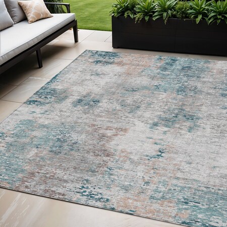 Homeroots 5' X 8' Teal Blue Beige And Copper Abstract Washable Indoor Outdoor Area Rug 587885