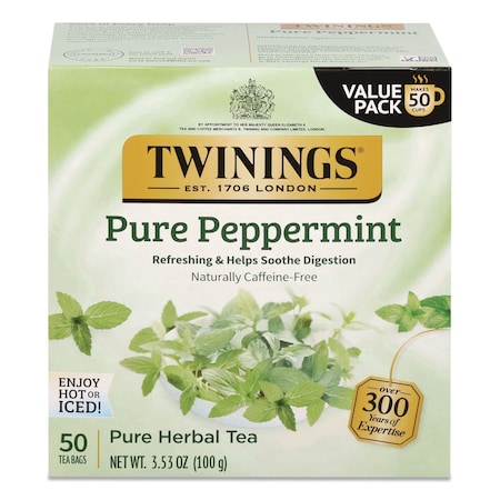 Twinings Tea Bags, Pure Peppermint, 0.07 oz Tea Bag, 50PK TNA53650