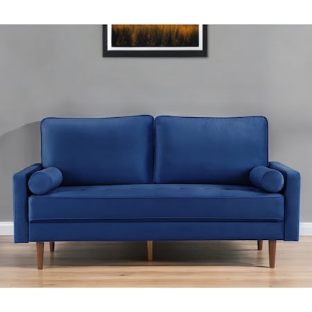 Homeroots 69" Blue Velvet Sofa And Toss Pillows With Dark Brown Legs 543706