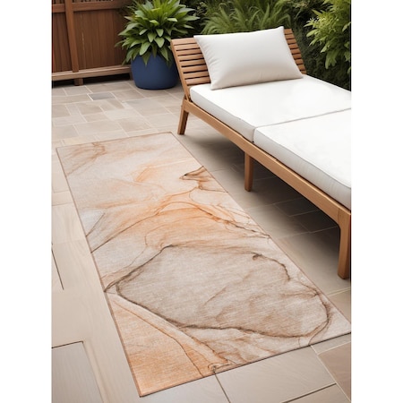 Homeroots 3' X 8' Beige and Orange Abstract Washable Non Skid Indoor Outdoor Runner Rug 559389