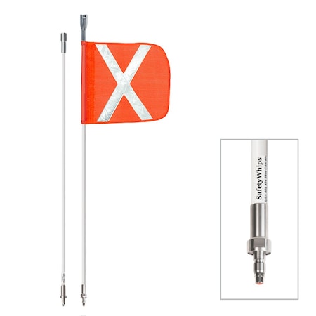 Safetywhips Warning Whip Heavy Duty Whip with Flag, White Whip, Orange Flag, White Reflective X, 144 Length SW12QD2-SXW