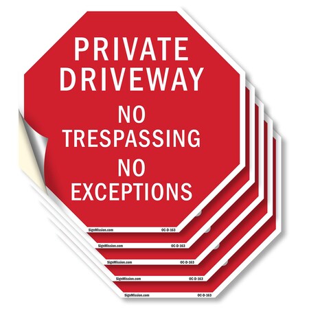 Signmission Private Driveway No Trespassing No, 6 inch X 6 inch, Vinyl Decal, 5PK OC-D-5PACK-6-163