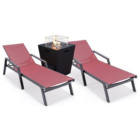 Leisuremod Marlin Black Aluminum Patio Chaise Lounge Armchair Set of 2 with Square Fire Pit Table, Burgundy MLABLCF21-77BRG2