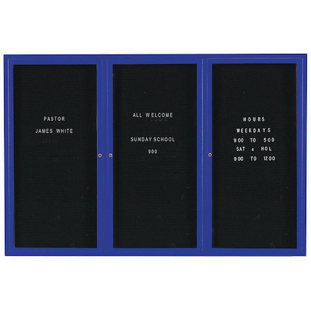 Aarco Illuminated Enclosed Letter Board Directory w/ Powder Coated Blue Al Frame, 48''Hx72''W 3 Doors ADC4872-3IB