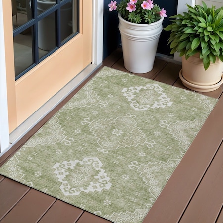 Homeroots 3' X 5' Artichoke Green Beige And Ivory Medallion Washable Indoor Outdoor Area Rug 589020