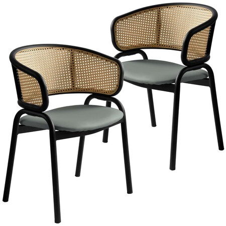 Leisuremod Ervilla Dining Arm Chair with Wicker Back and Leather Seat in Gray, 2PK EC20GR-L2