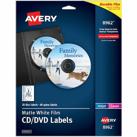 Avery Film DVD Labels, Permanent Adhesiv, PK20 8962