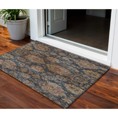 Homeroots 3' X 5' Navy Blue Brown And Terra Cotta Damask Washable Indoor Outdoor Area Rug 603599