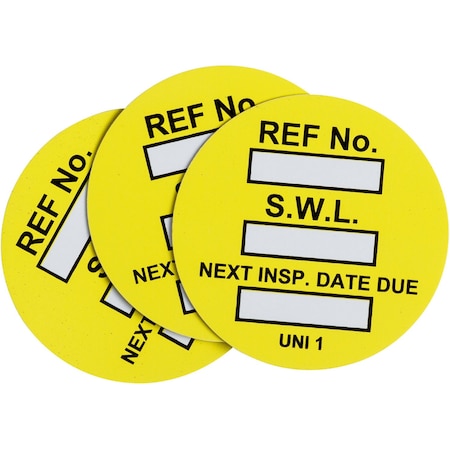 Brady Universal Tag Inserts: REF NO: S.W.L.: NEXT INSP. DATE DUE:, Black/Yellow on White, 100PK UNI-UNI YELLOW