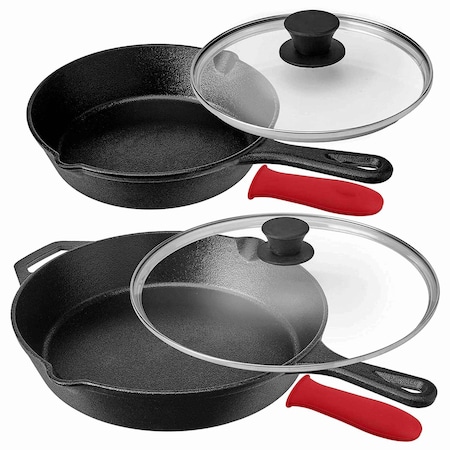 Megachef Pre-Seasoned 6 Piece Cast Iron Skillet Set with Lids and Red Silicone Holders MCCI-460