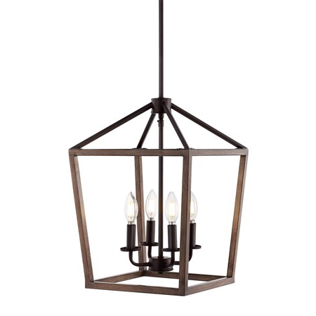 Jonathan Y Oria 13" 4-Light Iron Farmhouse Industrial Lantern LED Pendant, Oil Rubbed Bronze/Faux Wood JYL1322A